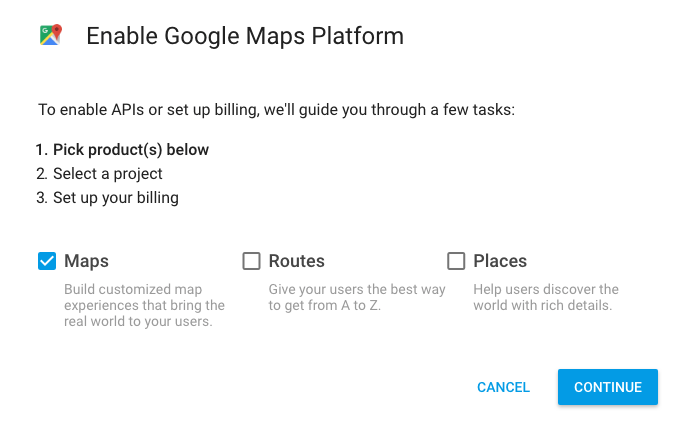 Google Maps Cloud Platform Getting Started window