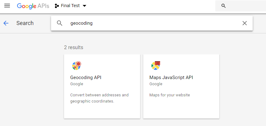 Google Maps Cloud Platform Search for Geocoding API Screen