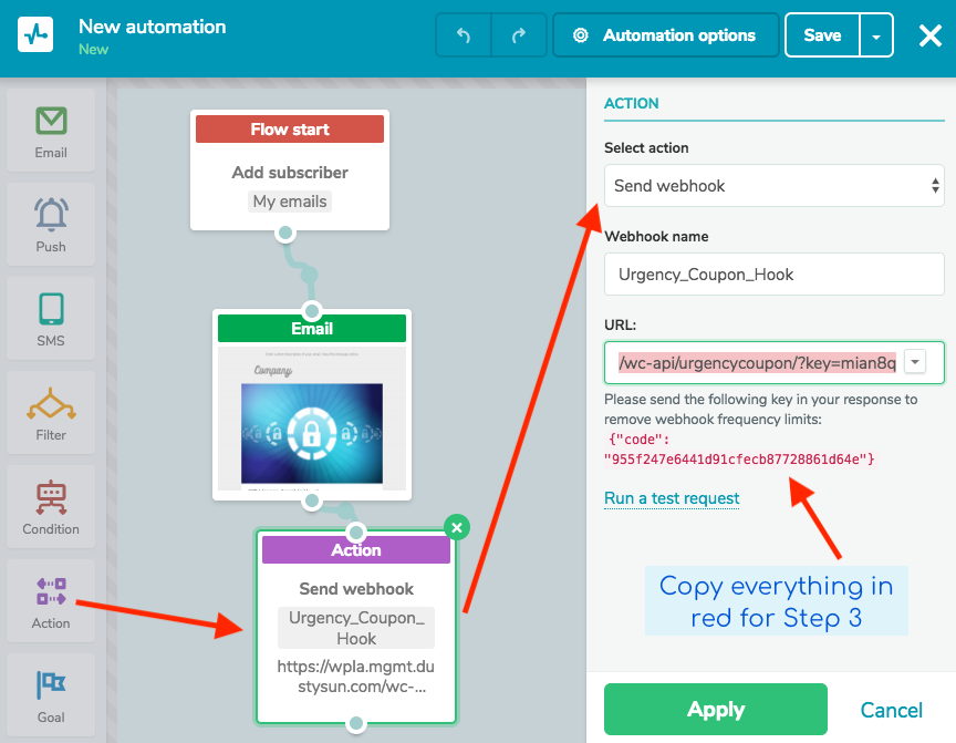 Creating a webhook in SendPulse for Urgency Coupons for Mailing Lists